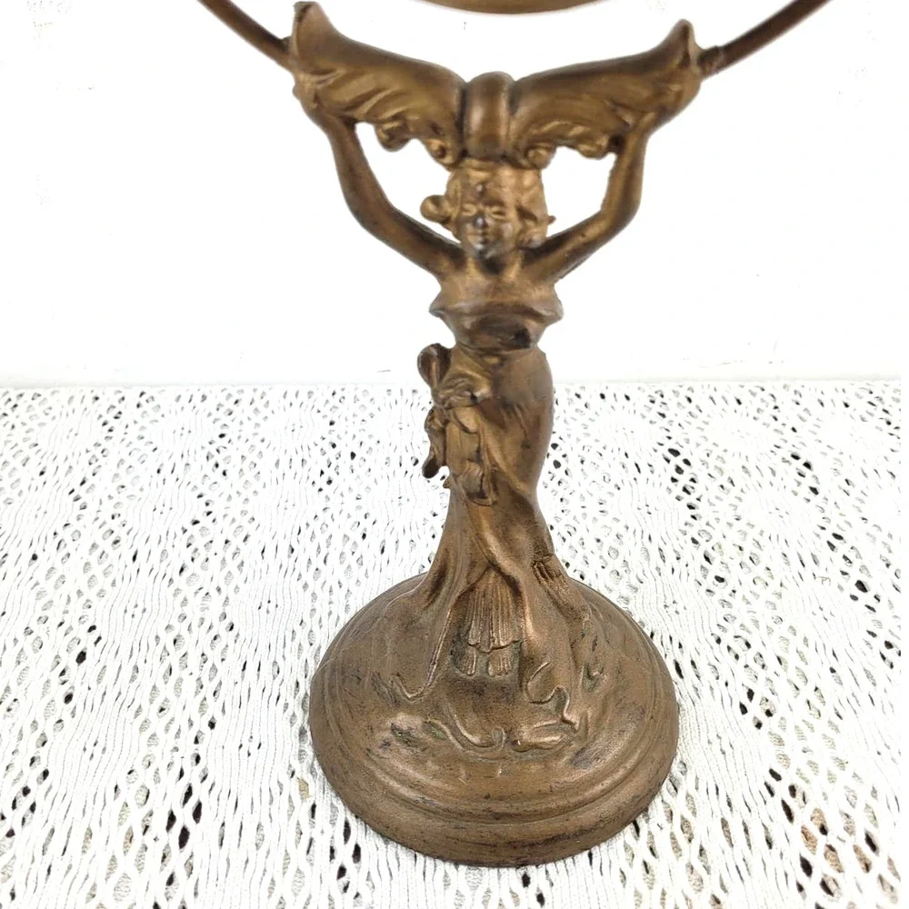 Antique 1910s Art Nouveau Woman Cast Iron or Bronze Vanity Lady Holding Mirror